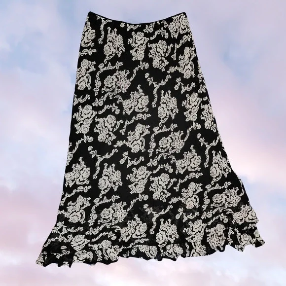 Y2k Black Off White Floral Mod Retro Long Midi Ruffle Layered Rayon Skirt 10 - Picture 2 of 4